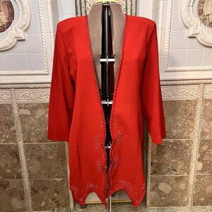 VTG X-Land Dolce. Sz 1X. USA . Red Beaded Asymmetrical Duster. Open. Scallop DD